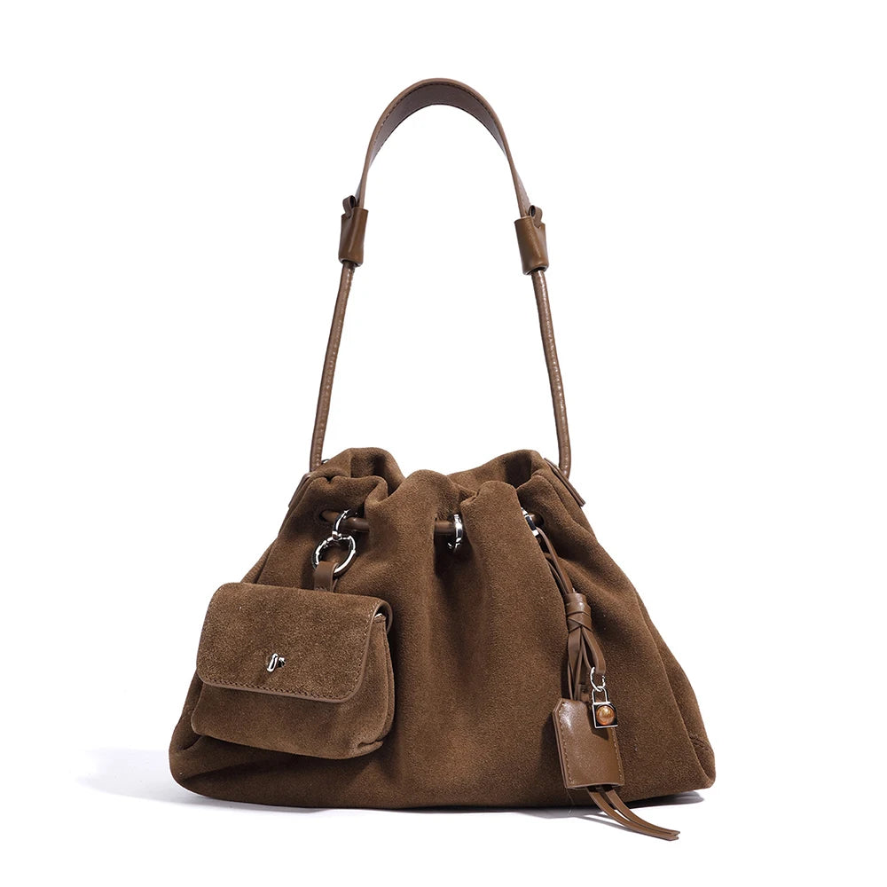 Genuine Leather Suede Drawstring Tote Shoulder Bag