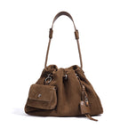 Genuine Leather Suede Drawstring Tote Shoulder Bag