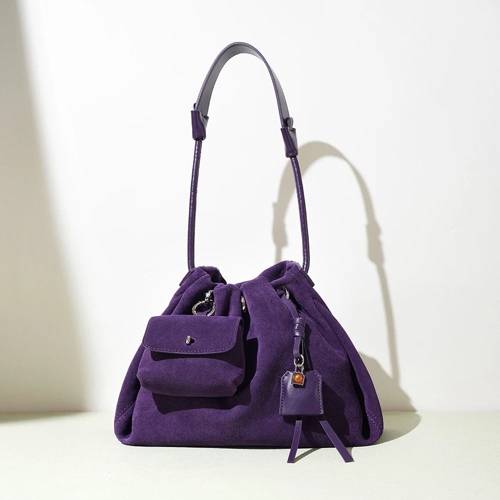Genuine Leather Suede Drawstring Tote Shoulder Bag