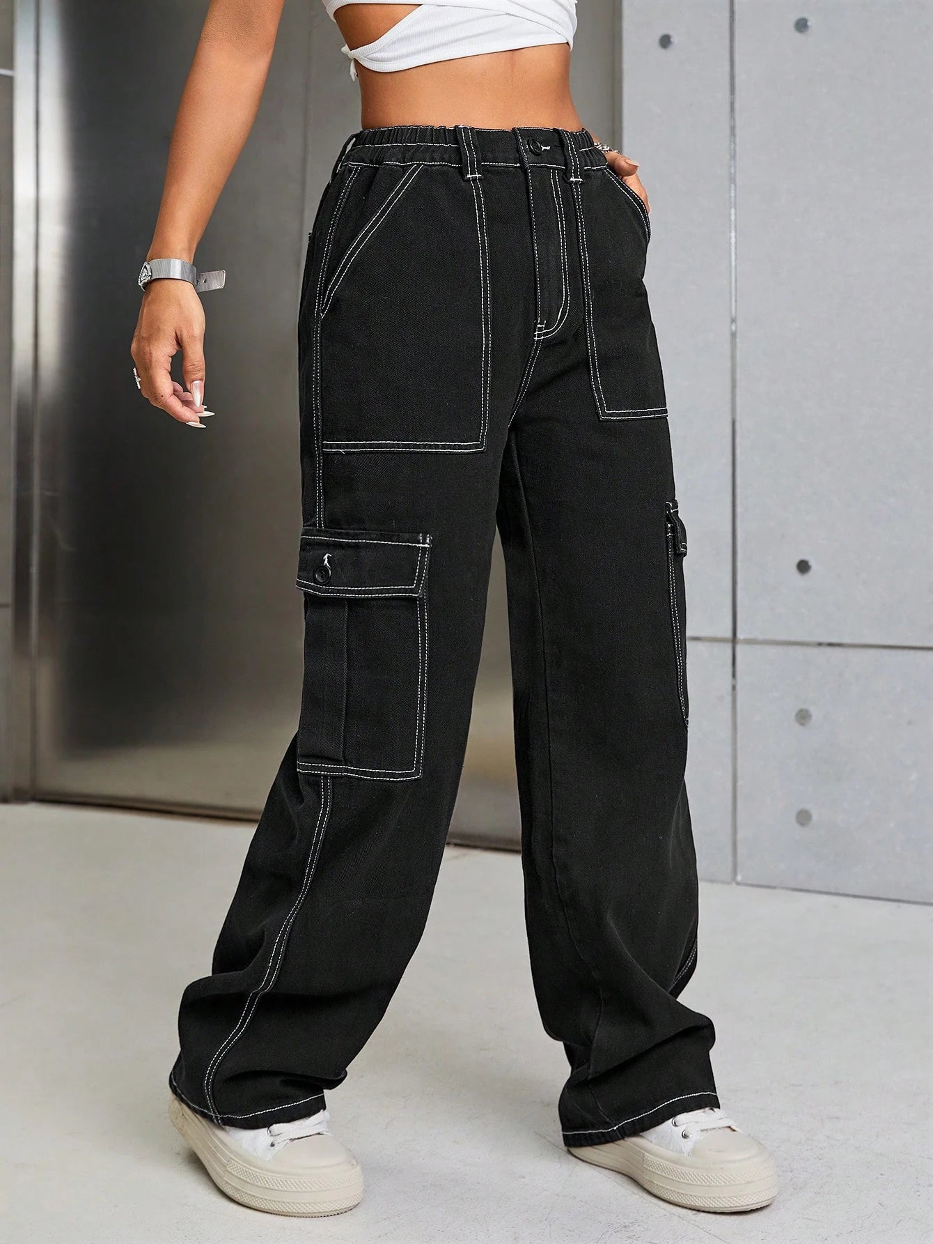 Women's Black Denim Cargo Pants