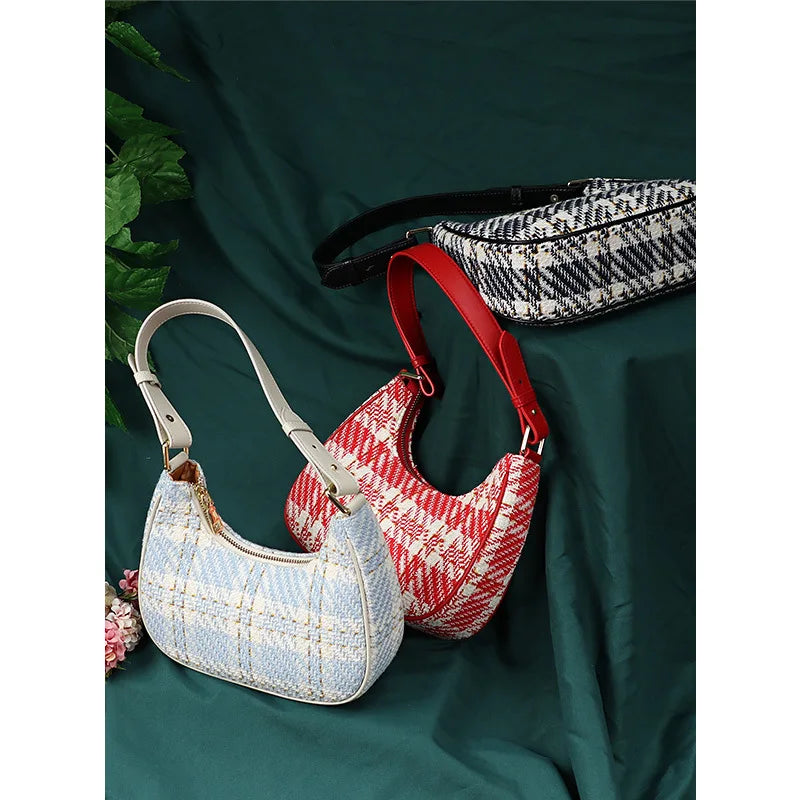Plaid Half Moon Canvas Bag