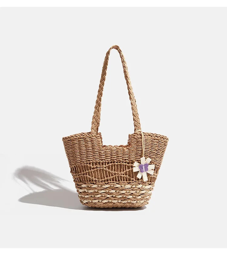 Woven Handbag Floral Rope Accent Beach Tote
