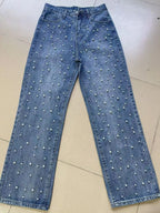 High-Waisted Beaded Rhinestone Jeans