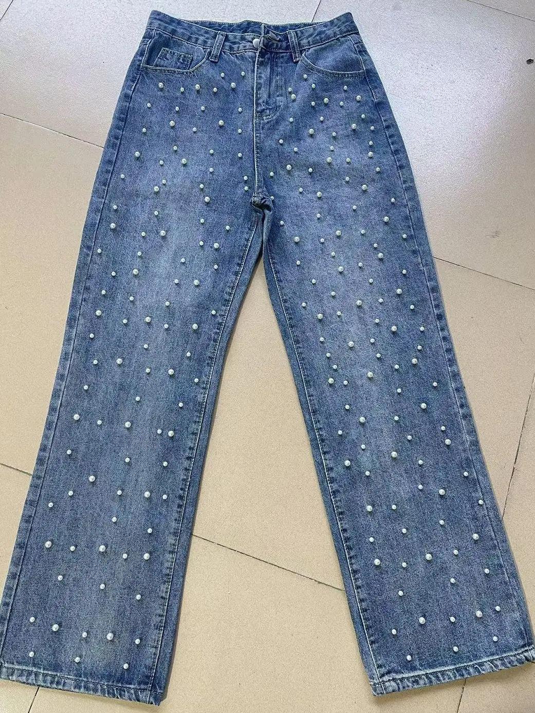 High-Waisted Beaded Rhinestone Jeans
