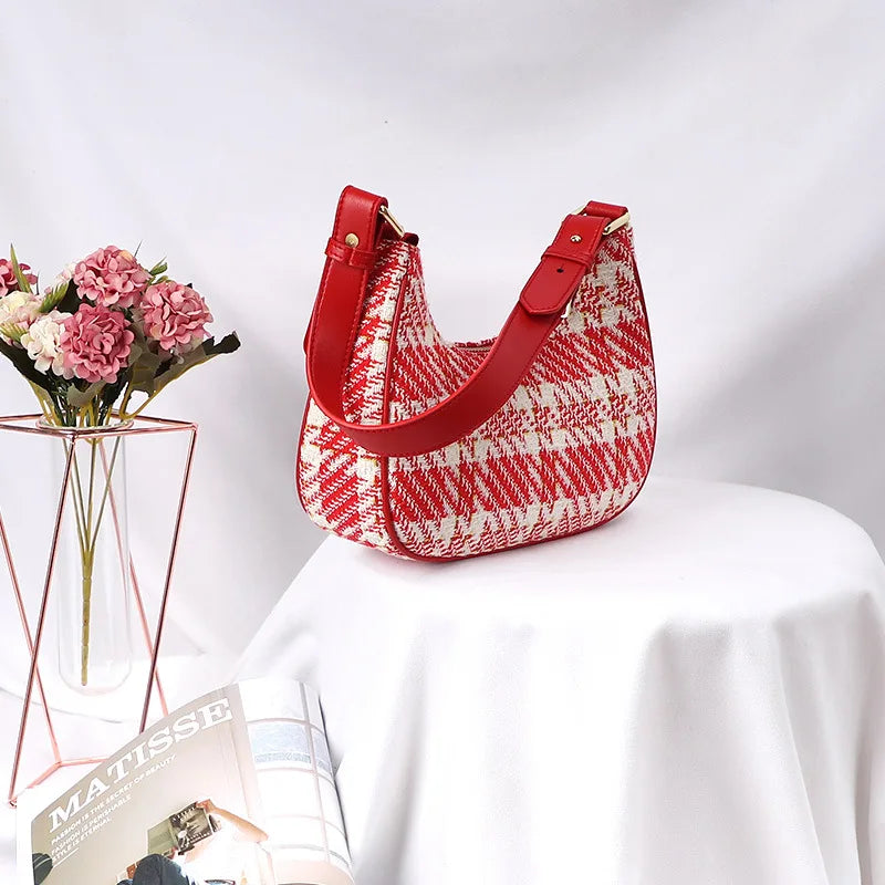 Plaid Half Moon Canvas Bag