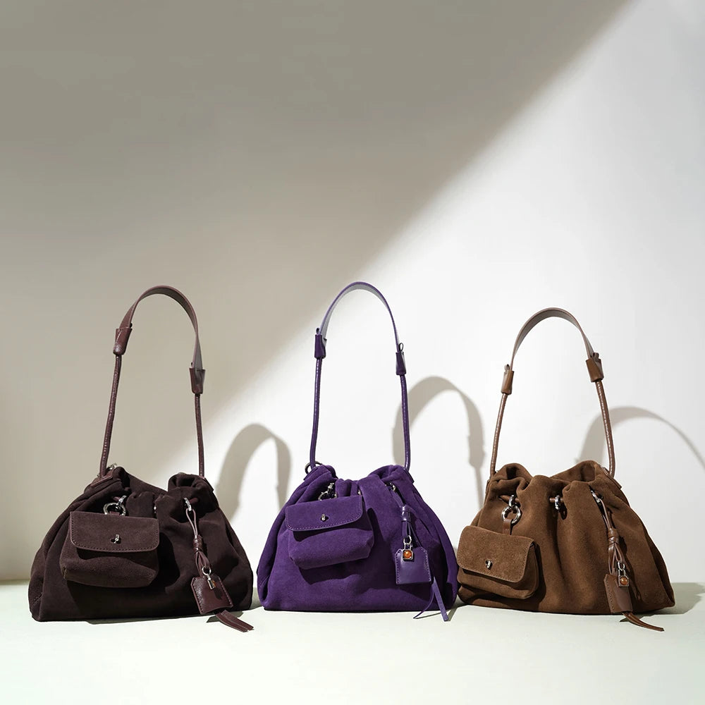 Genuine Leather Suede Drawstring Tote Shoulder Bag