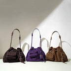 Genuine Leather Suede Drawstring Tote Shoulder Bag