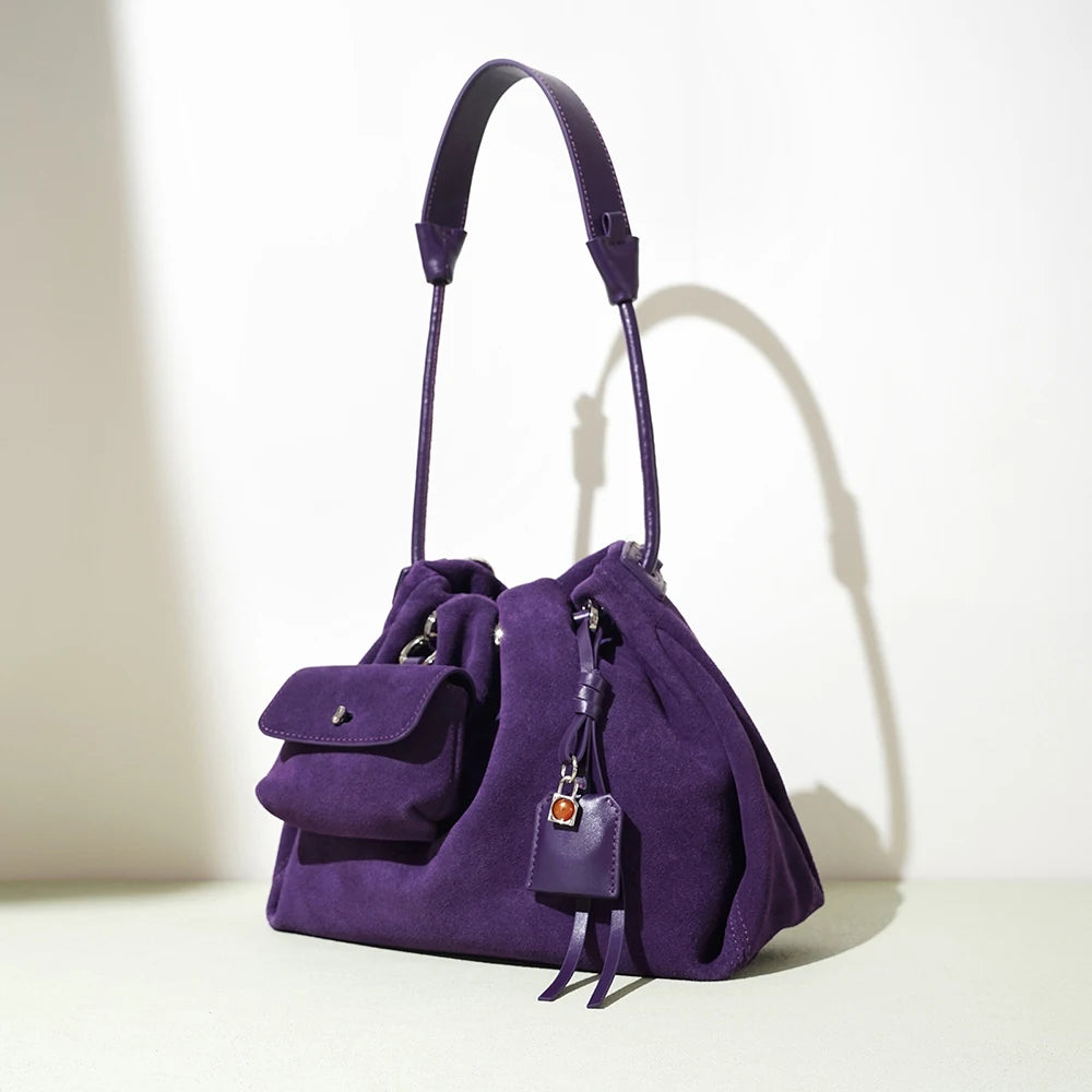 Genuine Leather Suede Drawstring Tote Shoulder Bag