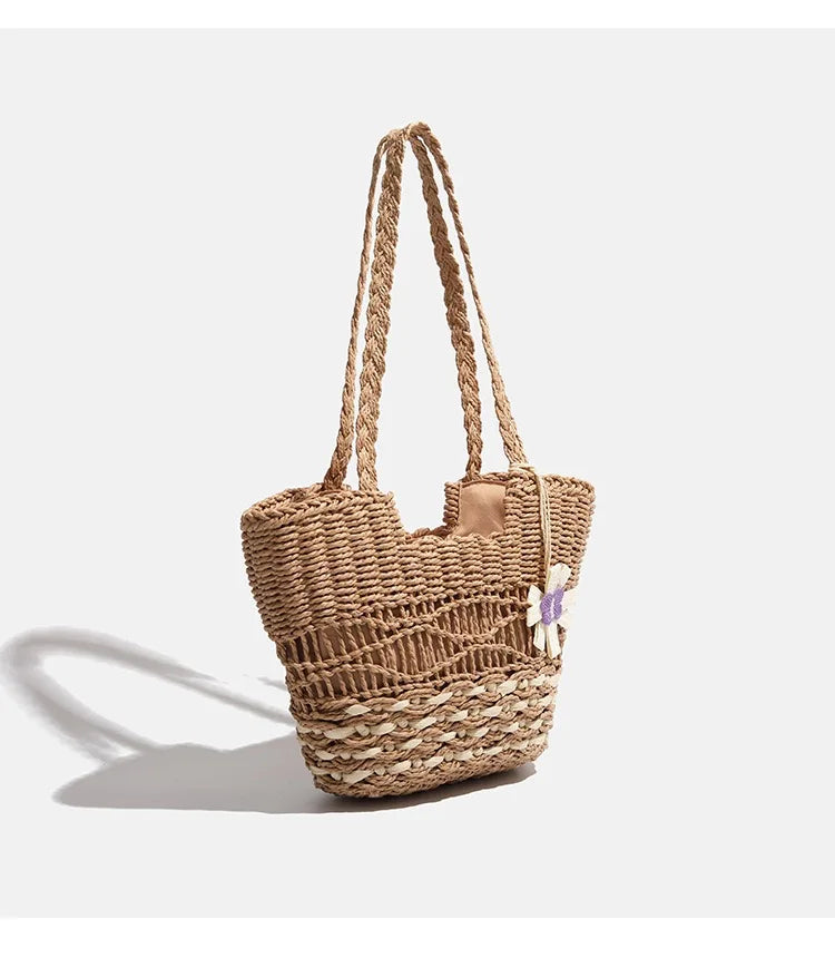 Woven Handbag Floral Rope Accent Beach Tote