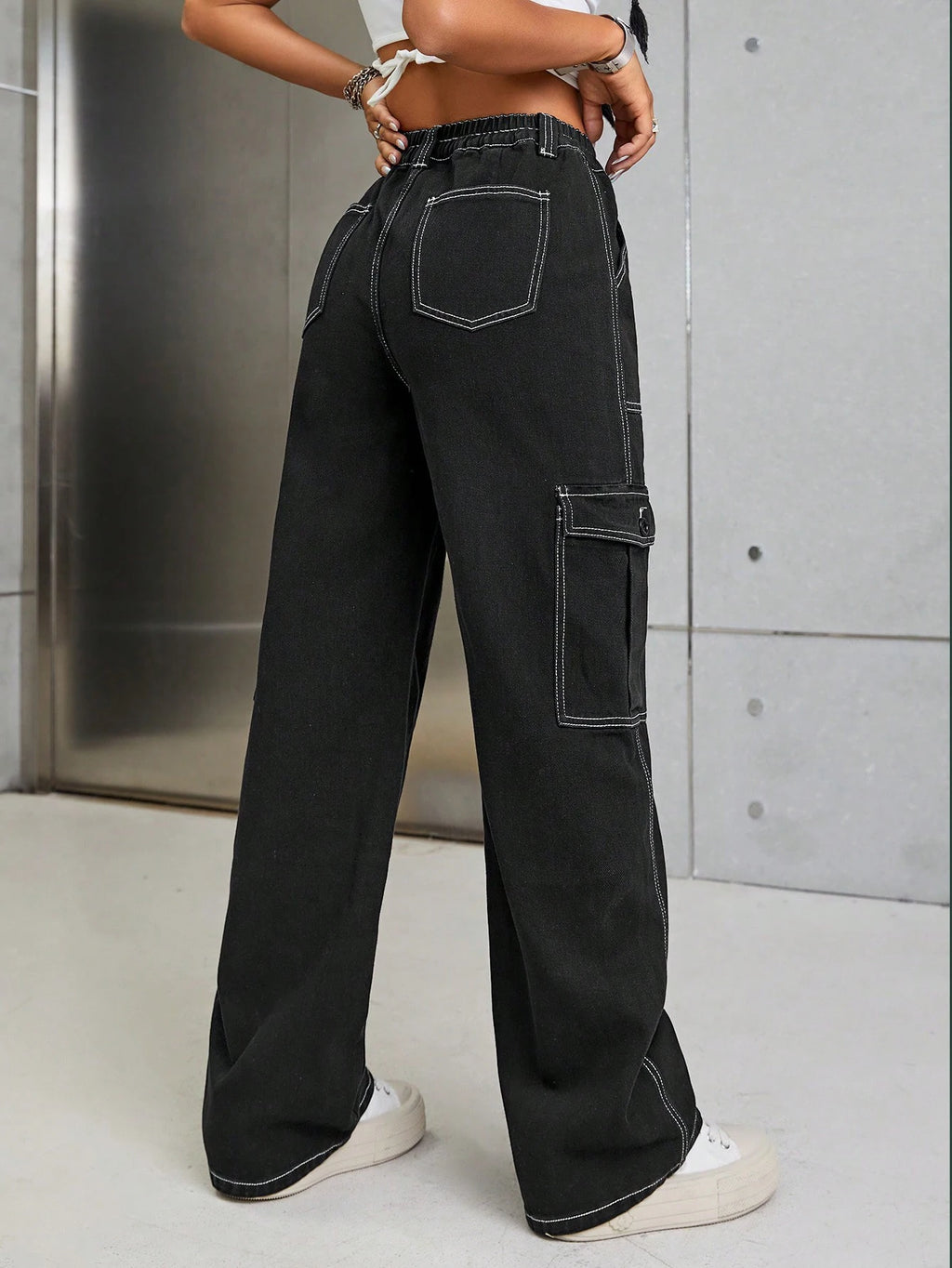 Women's Black Denim Cargo Pants