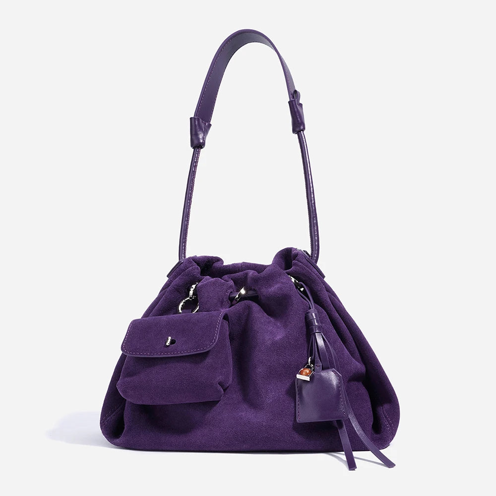 Genuine Leather Suede Drawstring Tote Shoulder Bag