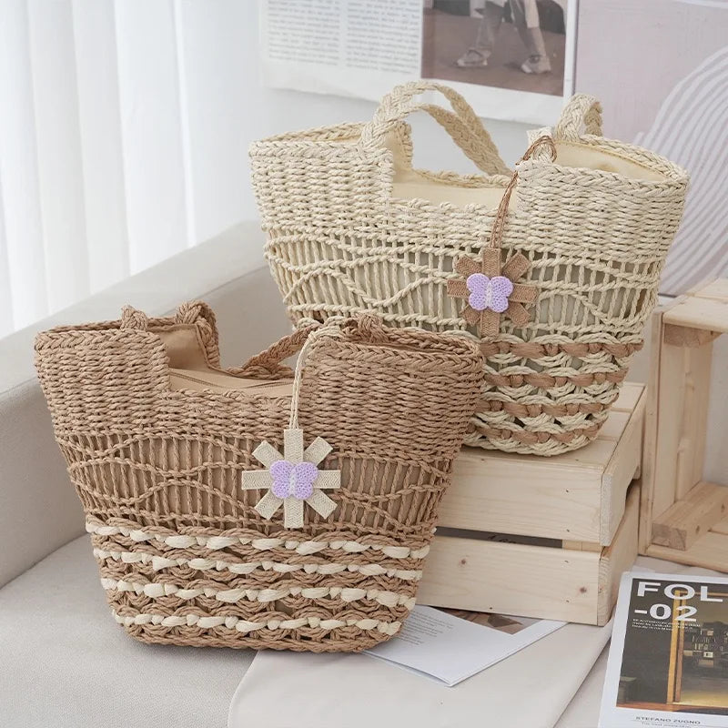 Woven Handbag Floral Rope Accent Beach Tote