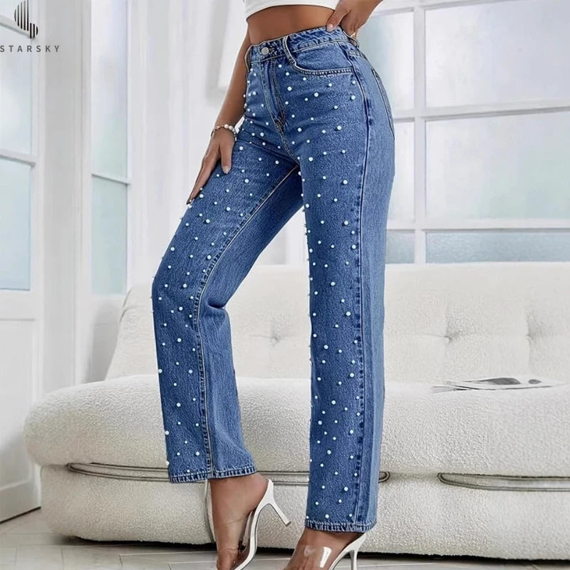 High-Waisted Beaded Rhinestone Jeans