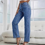 High-Waisted Beaded Rhinestone Jeans