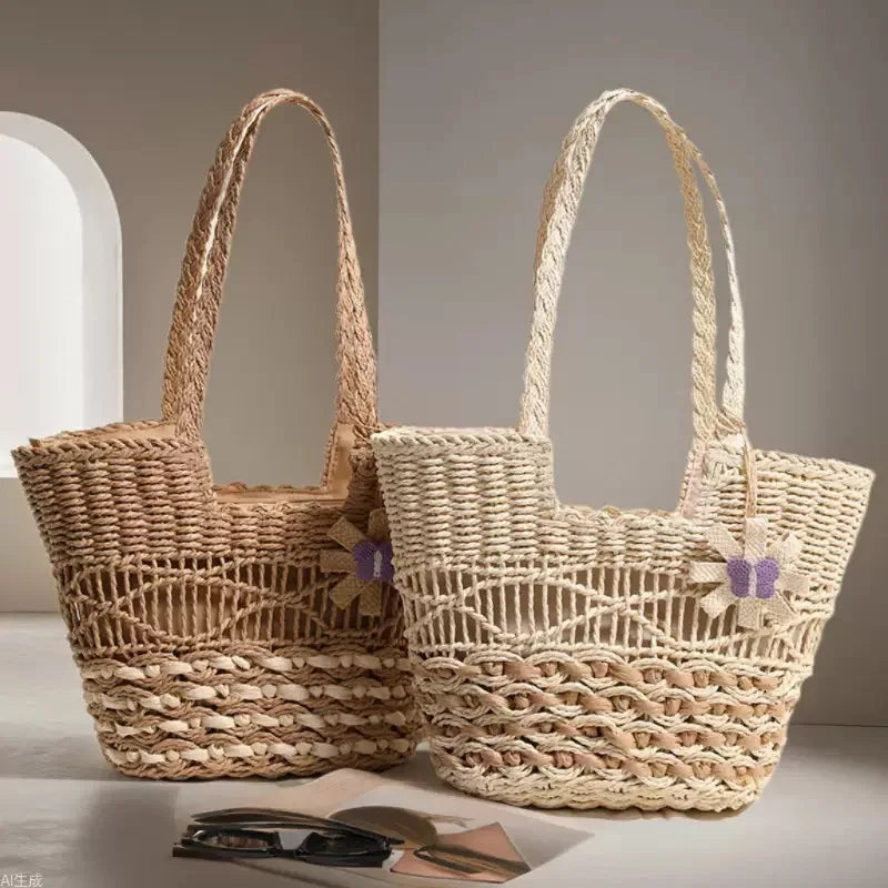 Woven Handbag Floral Rope Accent Beach Tote