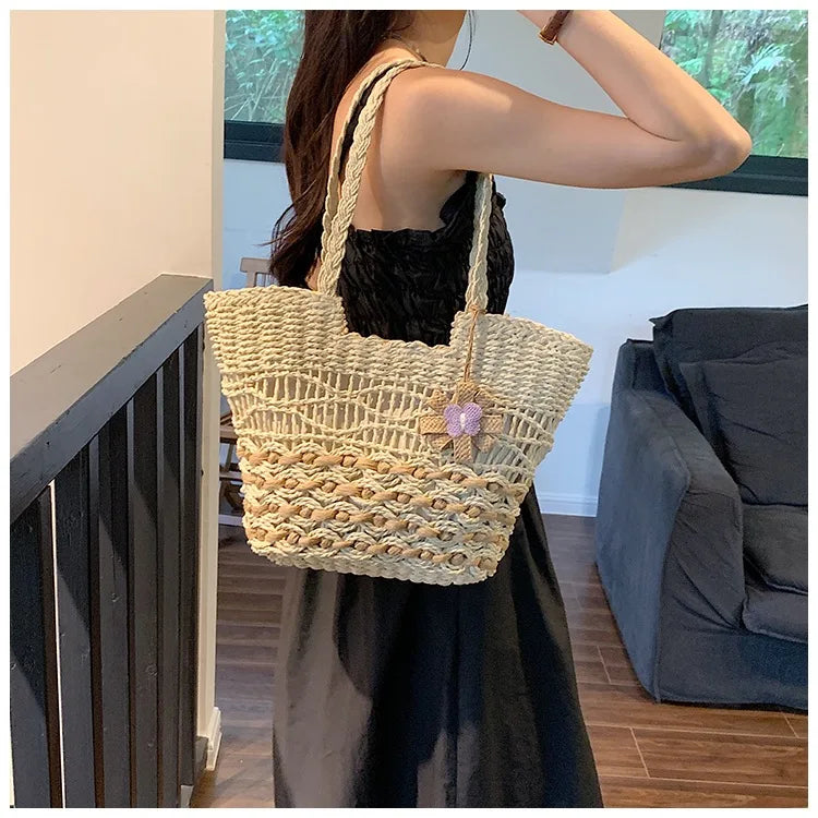Woven Handbag Floral Rope Accent Beach Tote