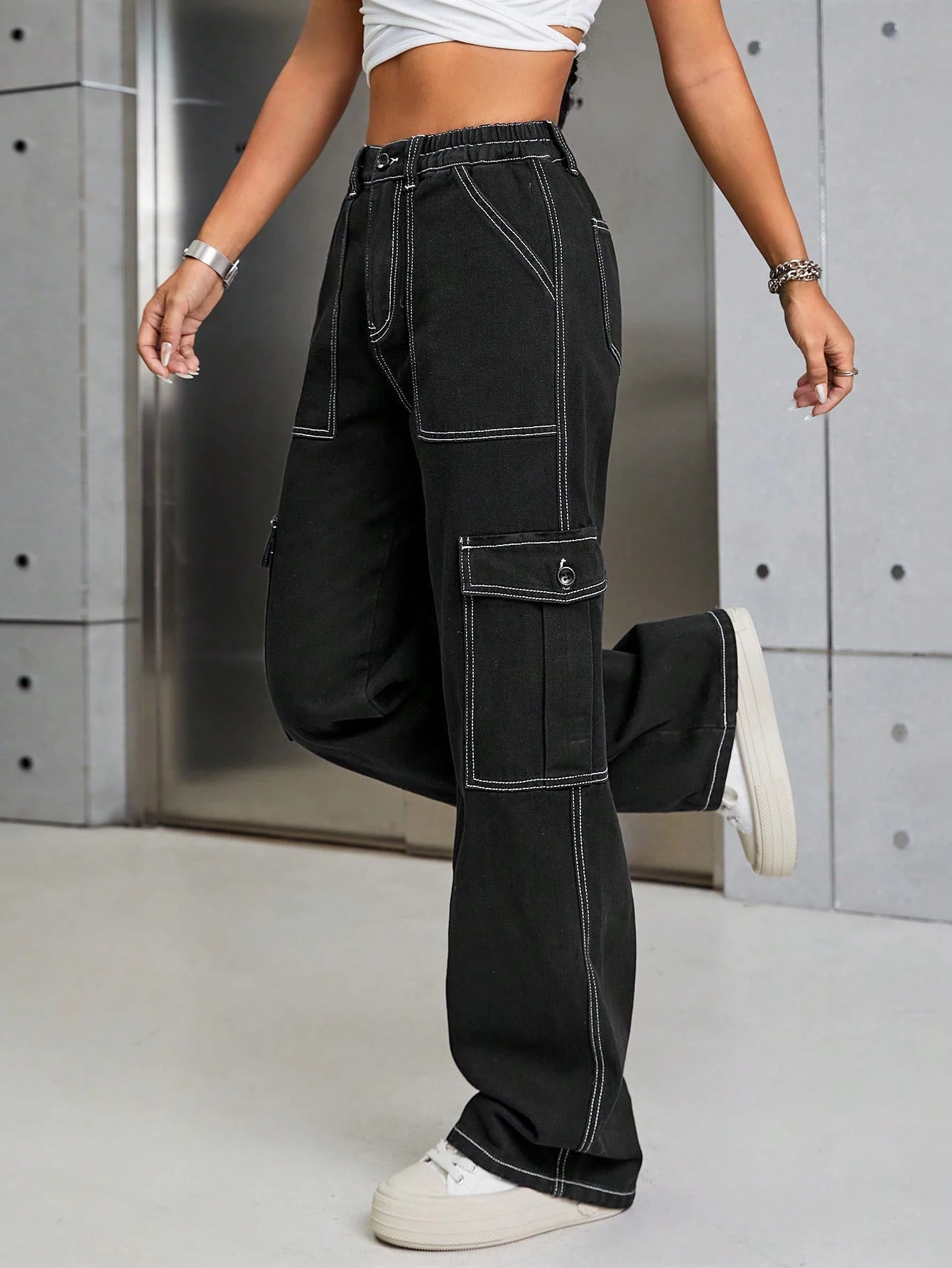 Women's Black Denim Cargo Pants