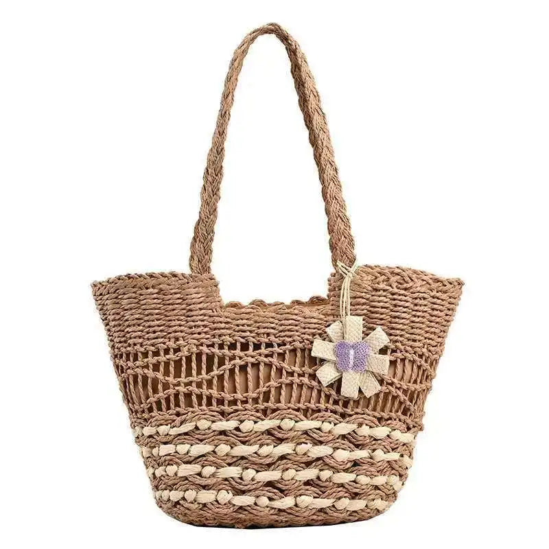 Woven Handbag Floral Rope Accent Beach Tote