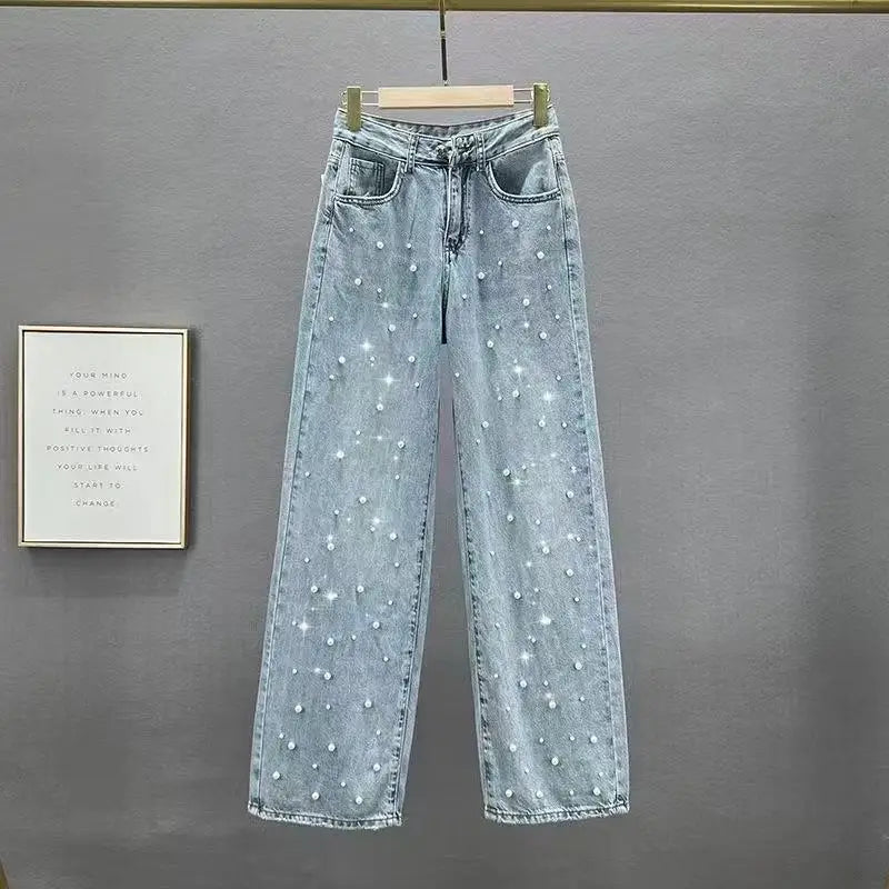 High-Waisted Beaded Rhinestone Jeans