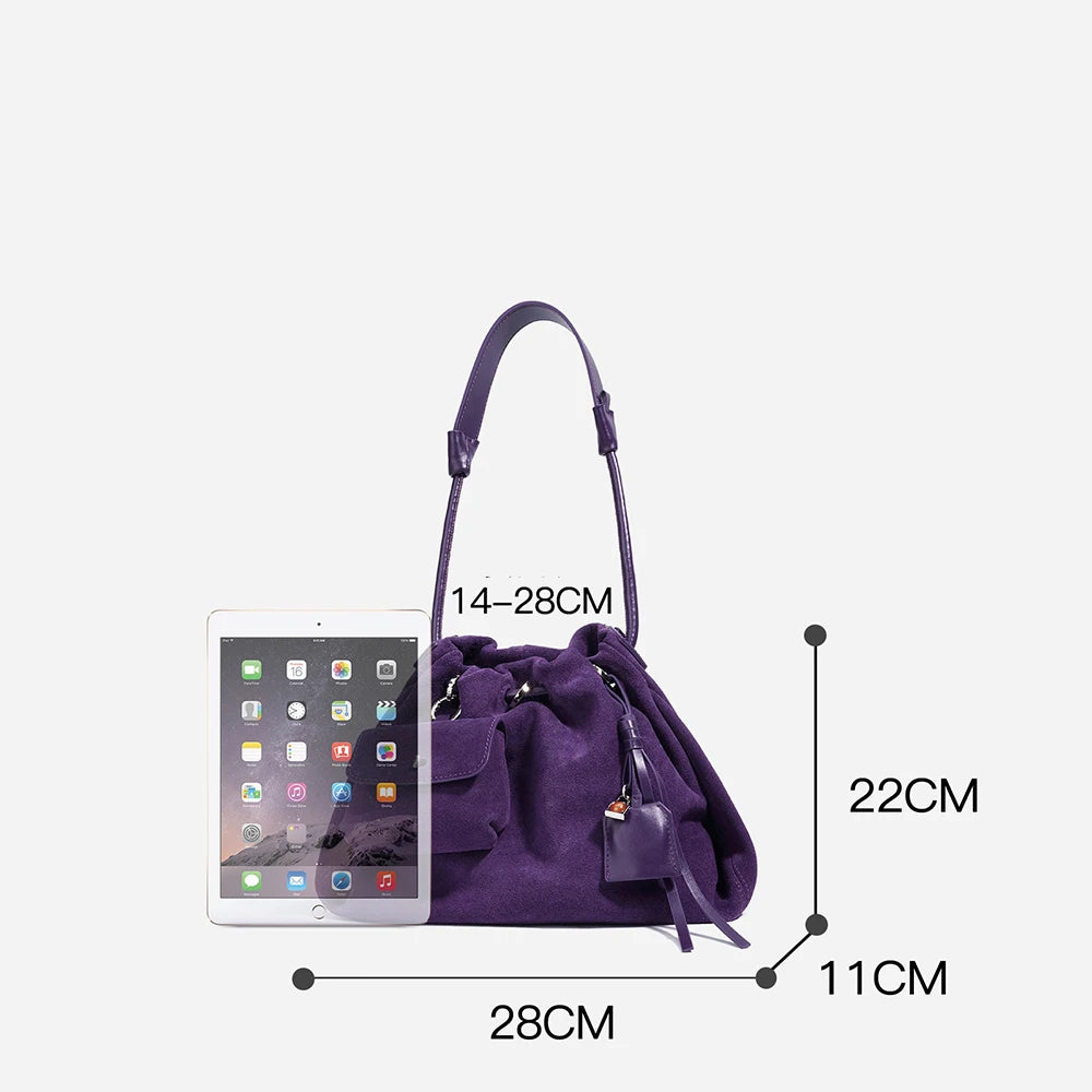 Genuine Leather Suede Drawstring Tote Shoulder Bag