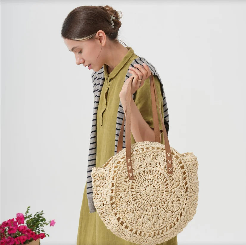 Versatile Round Paper Woven Tote Bag
