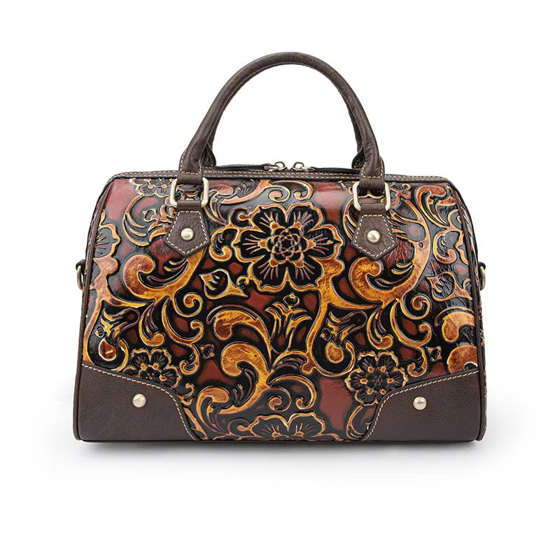 Genuine Leather Bag Embossed Floral Pillow Handbag