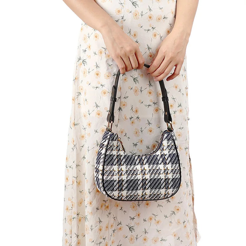 Plaid Half Moon Canvas Bag