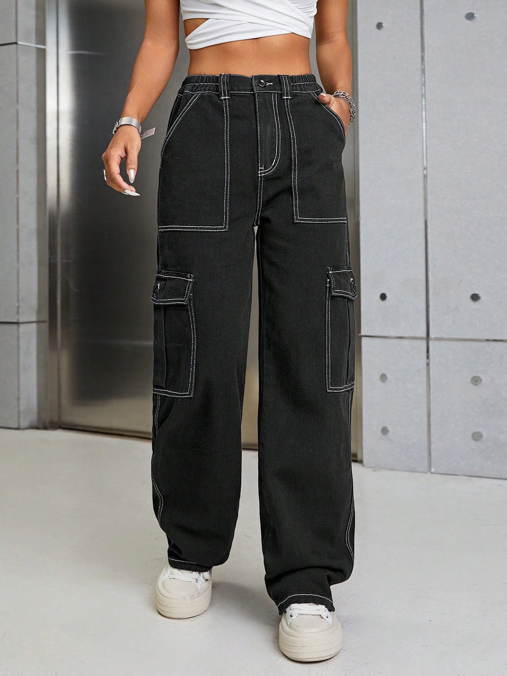 Women's Black Denim Cargo Pants