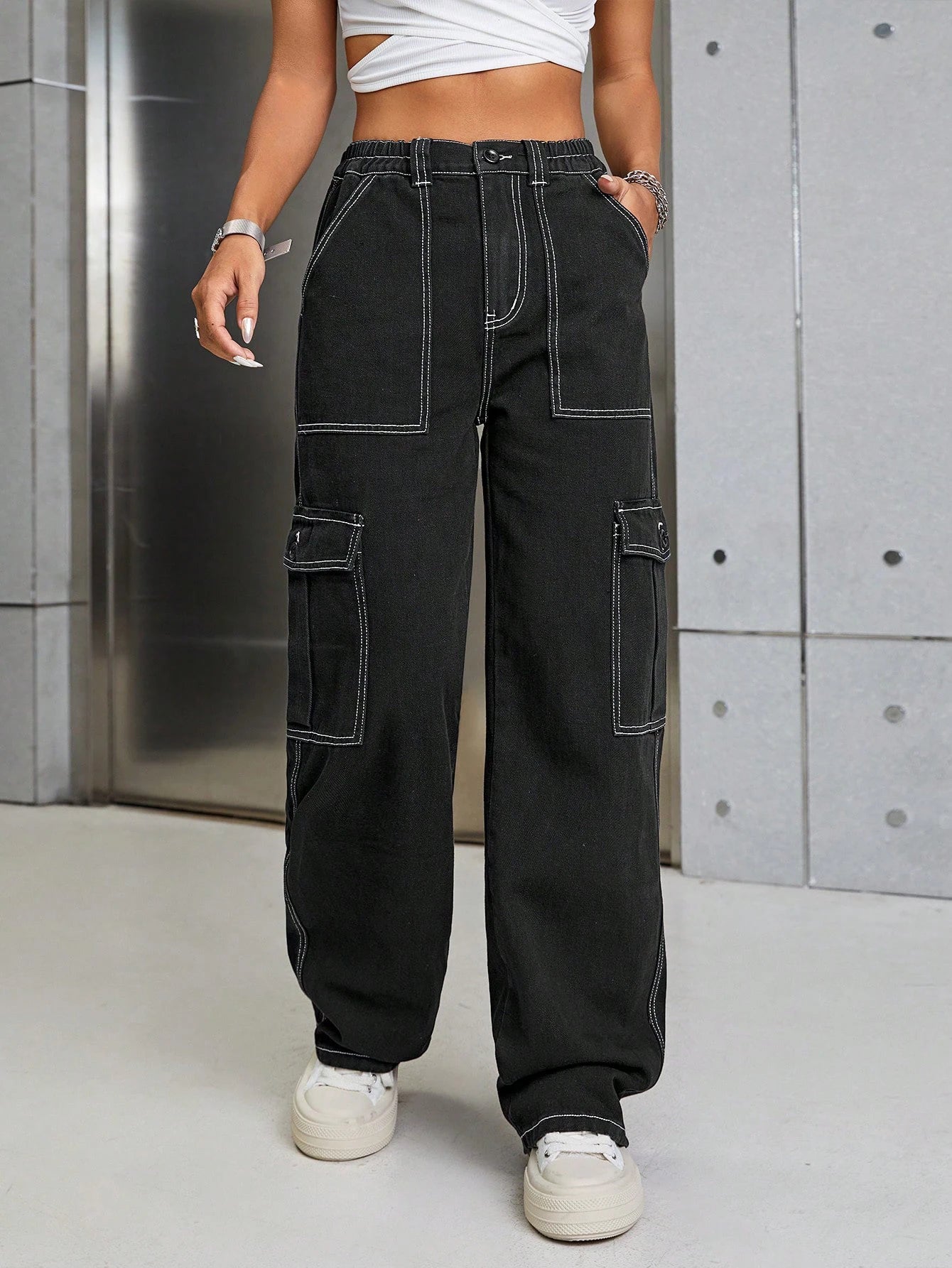 Women's Black Denim Cargo Pants