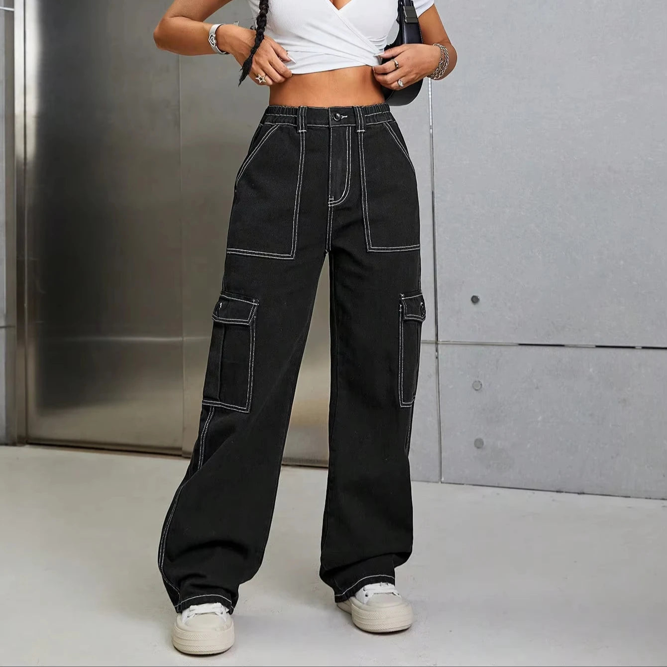 Women's Black Denim Cargo Pants