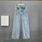 High-Waisted Beaded Rhinestone Jeans