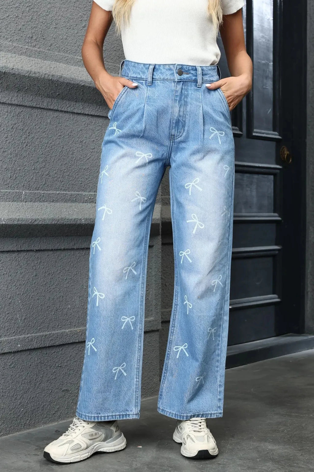 Butterfly Knot Print Straight Jeans