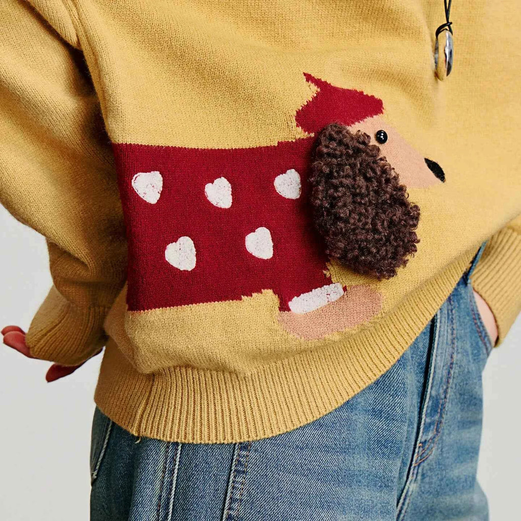 TOYOUTH Women Knitted Sweater 2025 Autumn New Cute Dog Pattern Round Neck Long Sleeve Knitted Pullover Tops Yellow