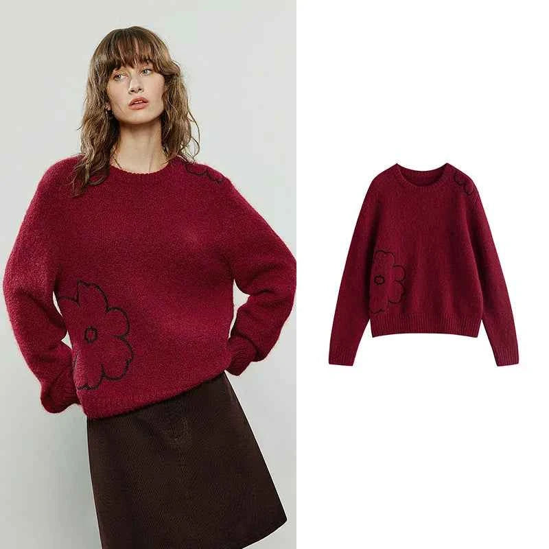 TOYOUTH Women Sweaters 2025 Winter New Crew-neck Loose Glutinous Rice Velvet Texture Flower Embroidery Lazy Atmosphere Tops