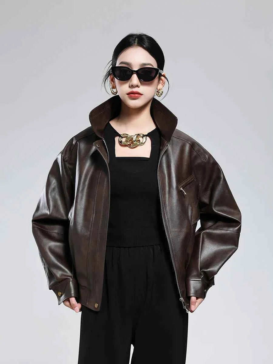 Lautaro Spring Autumn Short Distressed Brown Pu Leather Jacket Women Turn-down Collar Zipper Luxury American Retro Clothing 2025