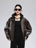 Lautaro Spring Autumn Short Distressed Brown Pu Leather Jacket Women Turn-down Collar Zipper Luxury American Retro Clothing 2025