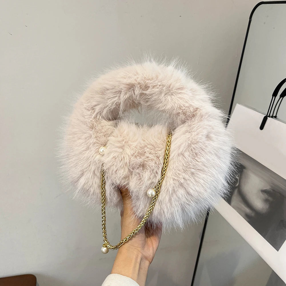 Pearl Accent Circular Fur Bag