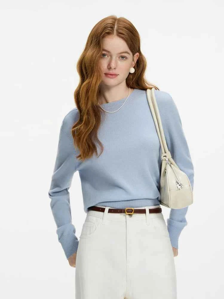 FSLE 100% Wool Seamless One-piece Knit Shirt Sweater For Women Autumn Winter New Design Wool Crew Neck Versatile Casual Sweater