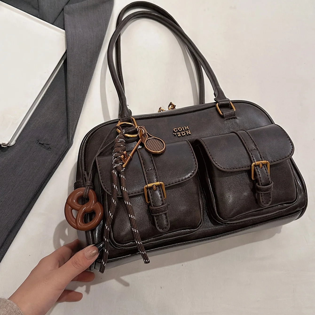 Coffee Brown Letter Crossbody Bag