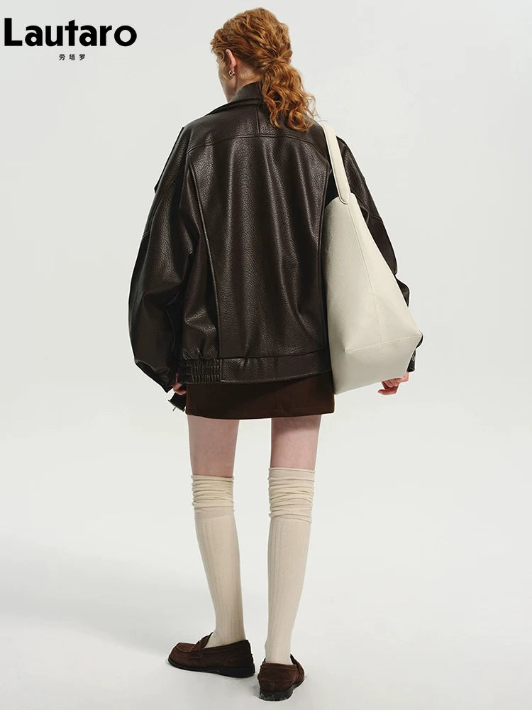 Oversized Brown PU Leather Jacket