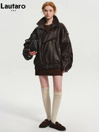 Oversized Brown PU Leather Jacket