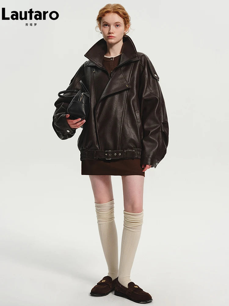 Oversized Brown PU Leather Jacket