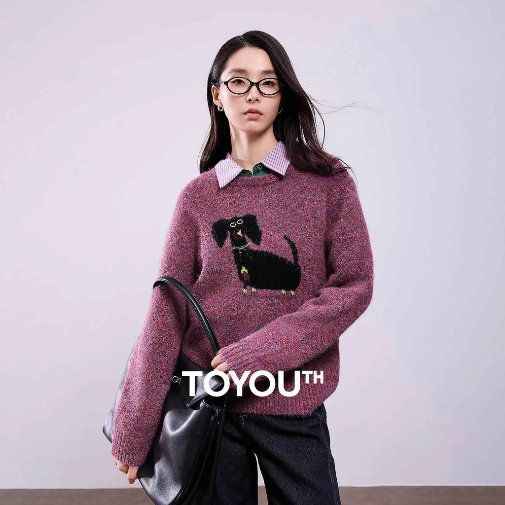TOYOUTH Women Sweaters 2025 Autumn NewAsymmetric Retro Long-haired Knitted Jacquard Crew Neck Design Pullover Tops