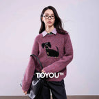 TOYOUTH Women Sweaters 2025 Autumn NewAsymmetric Retro Long-haired Knitted Jacquard Crew Neck Design Pullover Tops