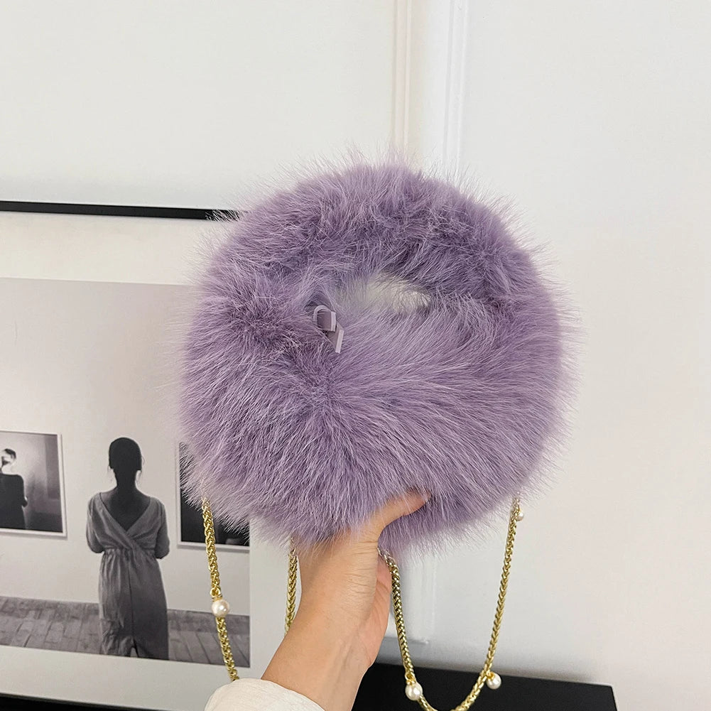 Pearl Accent Circular Fur Bag