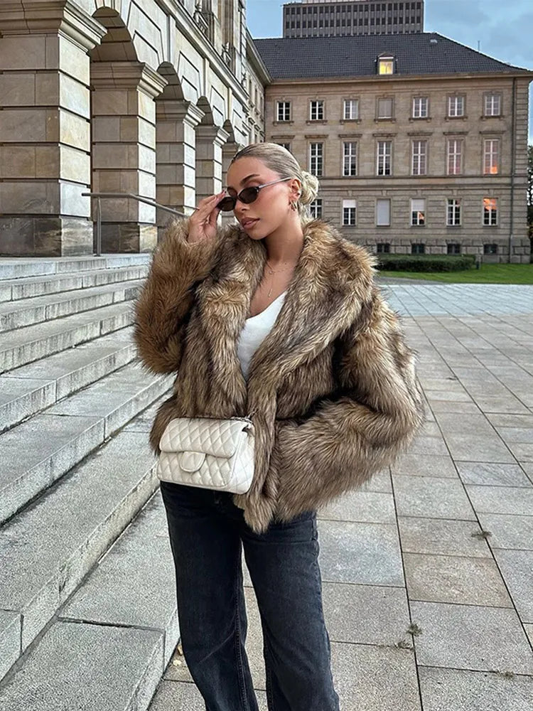 V-Neck Loose Faux Fur Coat