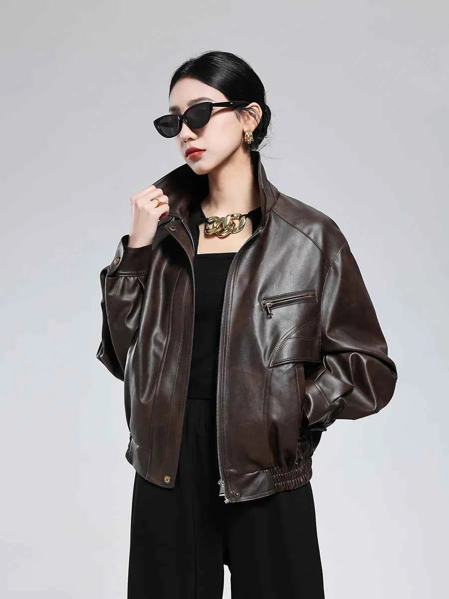 Lautaro Spring Autumn Short Distressed Brown Pu Leather Jacket Women Turn-down Collar Zipper Luxury American Retro Clothing 2025