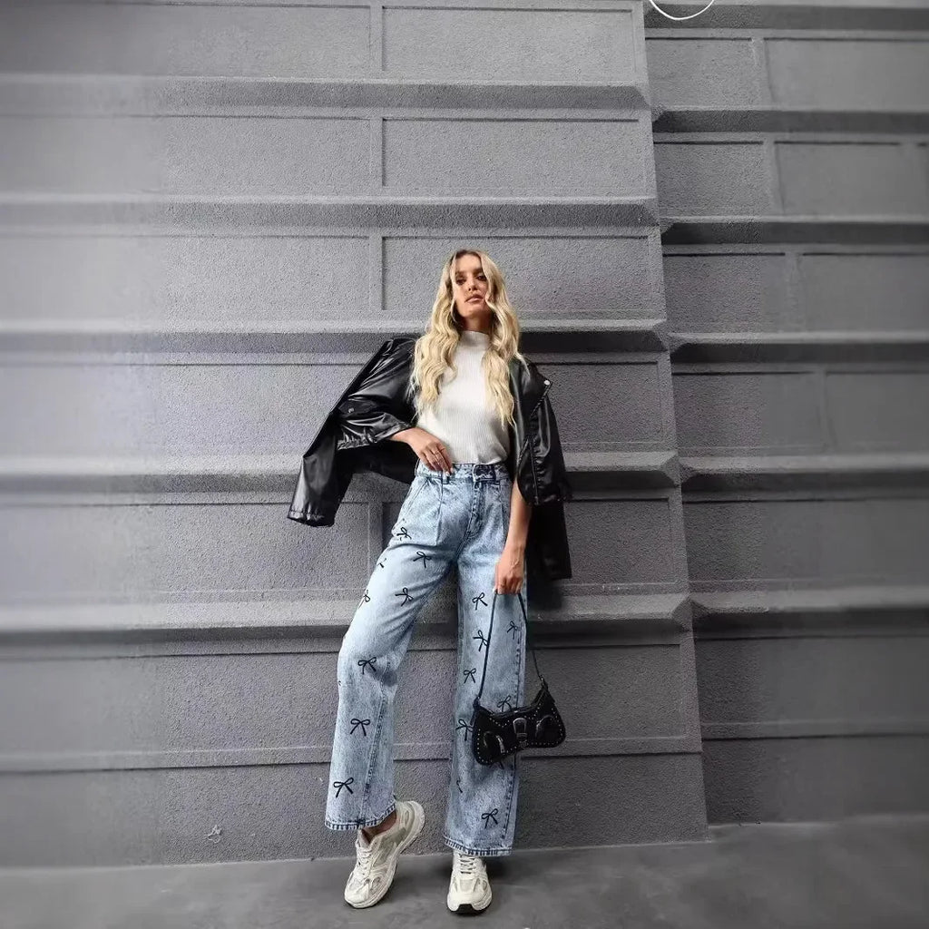 Butterfly Knot Print Straight Jeans