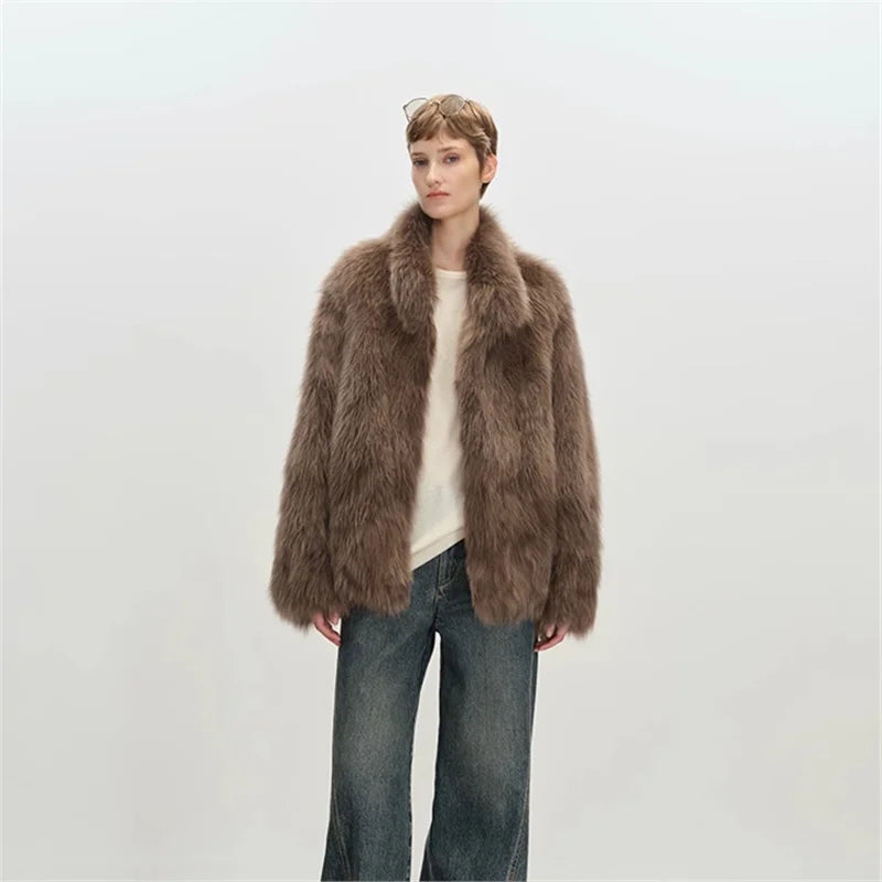Stand Collar Faux Fur Coat