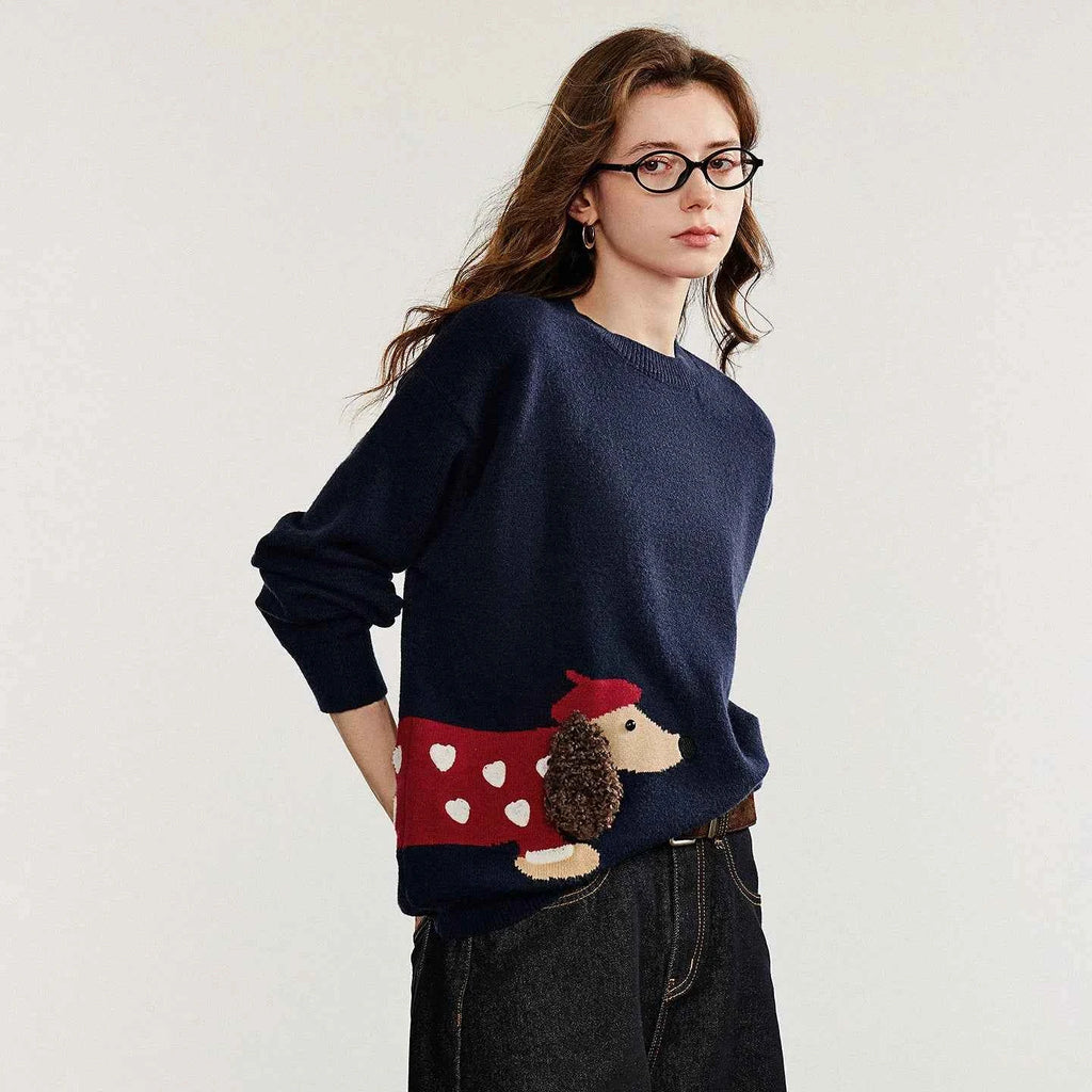 TOYOUTH Women Knitted Sweater 2025 Autumn New Cute Dog Pattern Round Neck Long Sleeve Knitted Pullover Tops Yellow